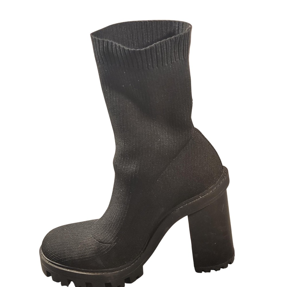 Zara Boots Womens Size 7.5 Black Knit Mid Calf Platform Block Heel‎ Lug Sole